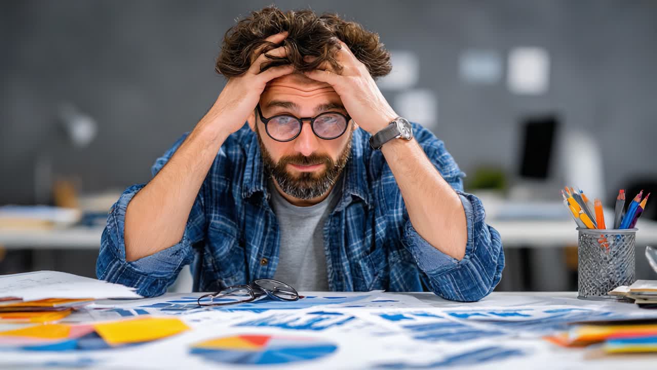 A Frustrated Individual Analyzing Financial Data with Complex Charts and Graphs, Struggling with Overwhelming Information and Decision-Making Challenges