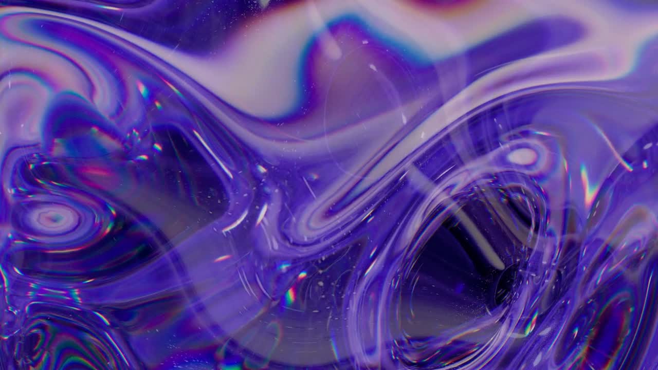 Abstract animation of luminous purple liquid metal with iridescent highlights swirling and flowing. Mystical, elegant, and captivating motion background