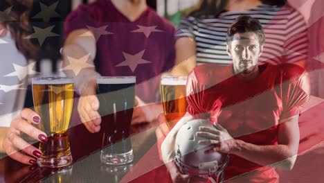 Animation-of-american-flag-and-american-football-player-over-group-of-friends-drinking-in-bar