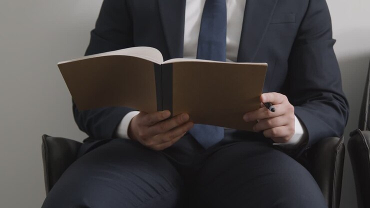 Close Up Of Male Candidate Wearing Suit In Office Checking Notes Before Job Interview