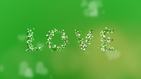 animation of particles and hearts around the inscription on green background. lettering love. circling blurry hearts.