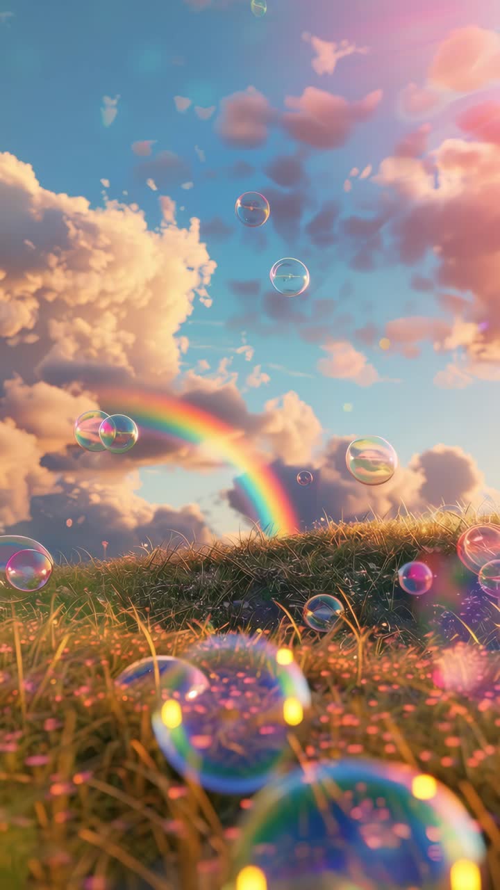 Concetto di video con paesaggio stravagante con una ripresa dal basso di un campo erboso, bolle e arcobaleno