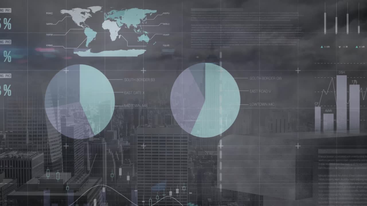 Animation of data processing with world map over cityscape