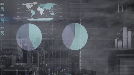 Animation of data processing with world map over cityscape