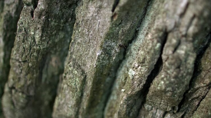 Black ant crawling along dark bark of tree in forest. ant creeping on tree bark