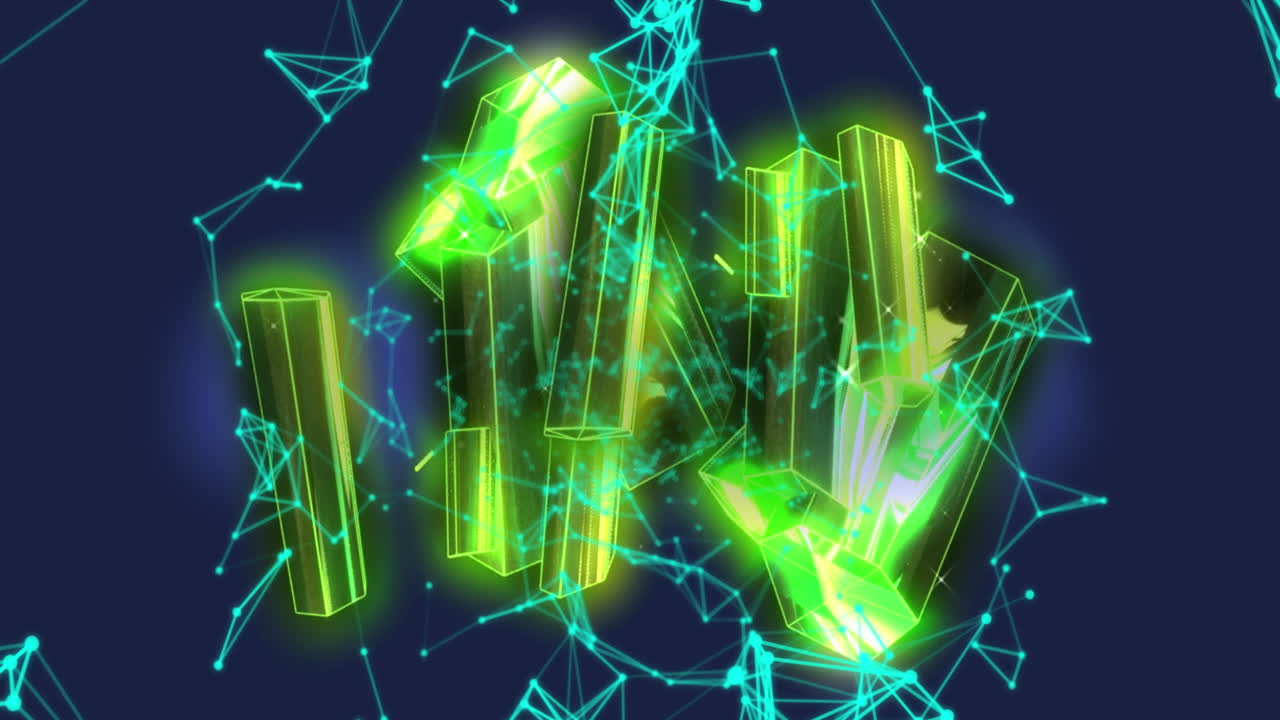 animación de cristales brillantes y red de conexiones contra un fondo azul