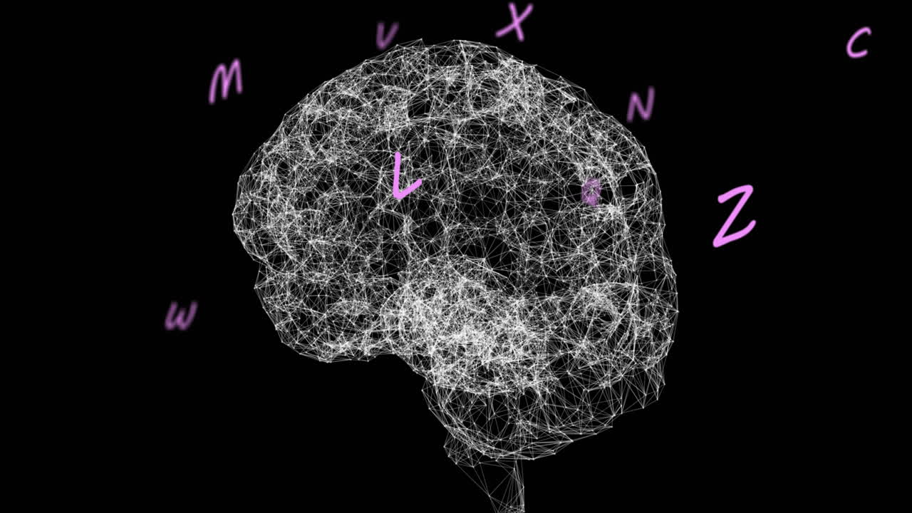 Animazione di lettere e numeri che cambiano su un cervello umano in rotazione