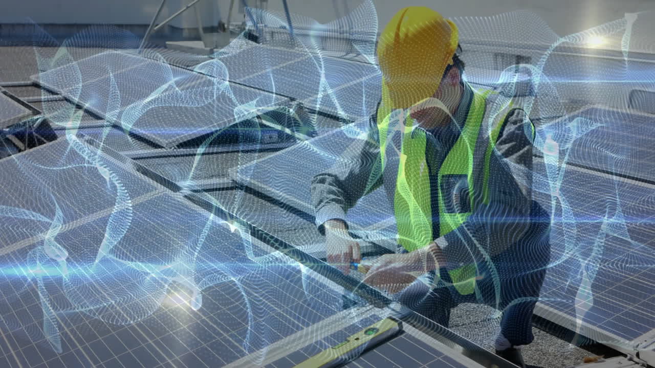 Male technician fastening solar panel frame on rooftop, showing digital wave overlay for technology