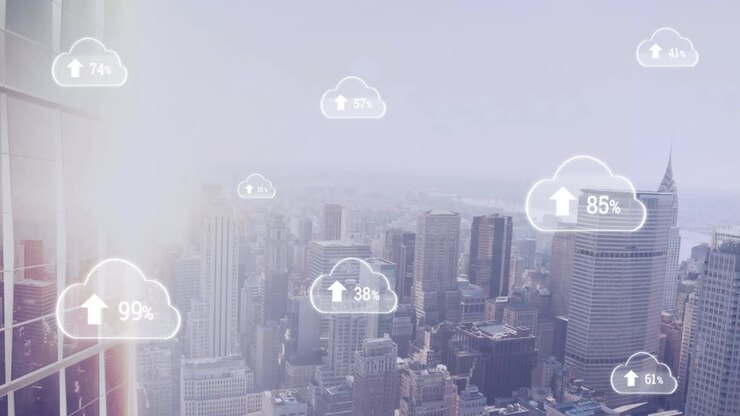 Animation of white clouds with arrows and percent growing over cityscape background