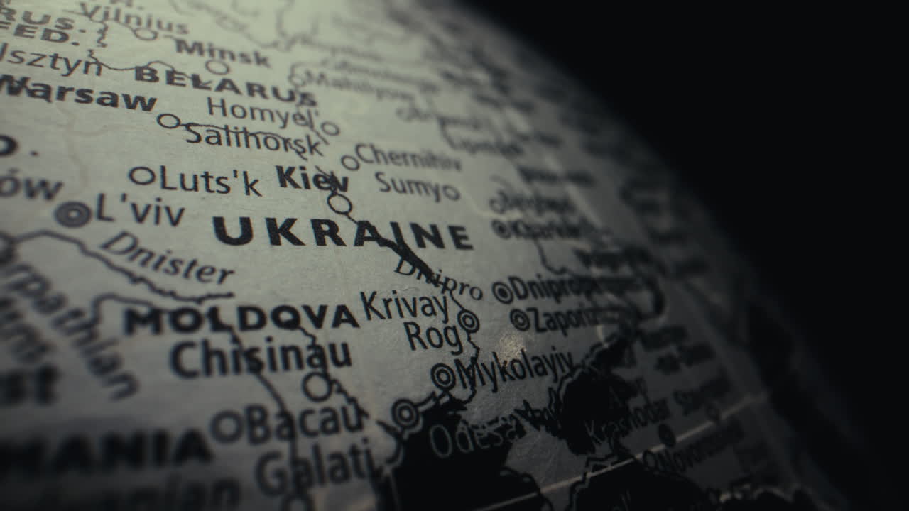 Close-up of a World Globe Focusing on Ukraine