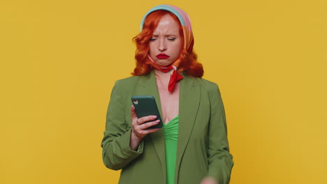 displeased woman use smartphone, loses becoming surprised by lottery results, bad fortune news, loss