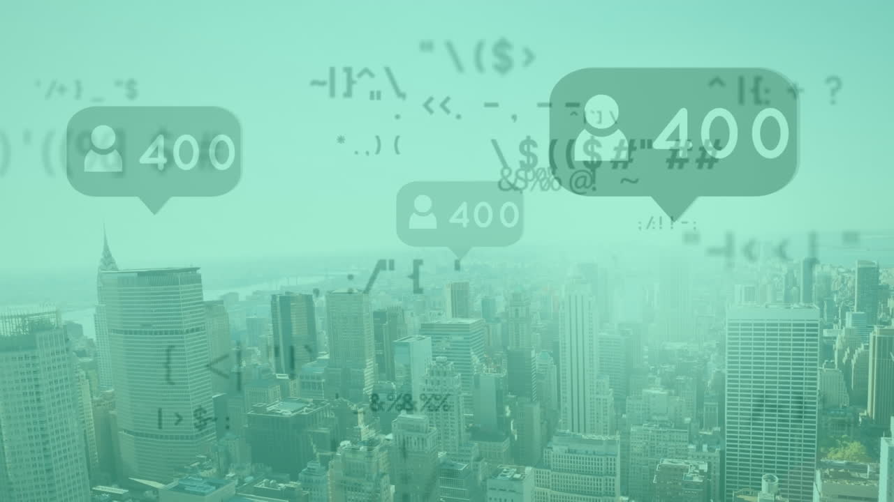 도시 풍경 위의 숫자로 데이터 처리의 애니메이션