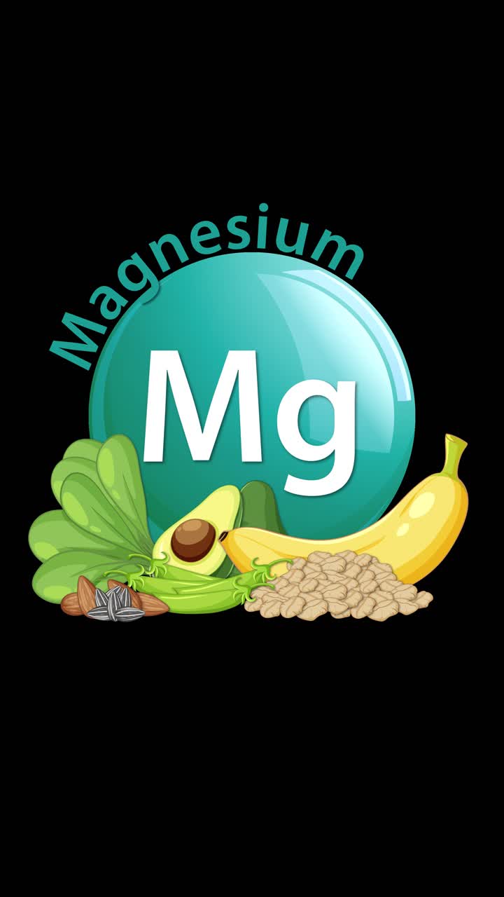 Un'icona dell'elemento magnesio color verde acqua si anima mentre testo e vari alimenti ricchi di magnesio, inclusi spinaci, avocado, banana, noci e semi, appaiono su uno sfondo nero.