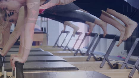 animation of financial data processing over diverse people exercising on gym