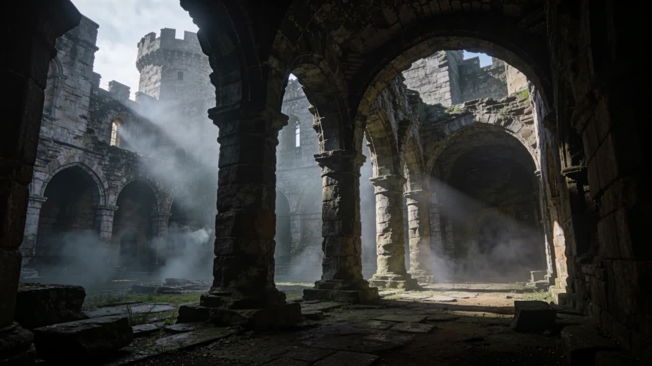 Telecamera panoramica che rivela archi centrali in pietra e colonne intagliate in una sala in rovina, mostrando i dettagli