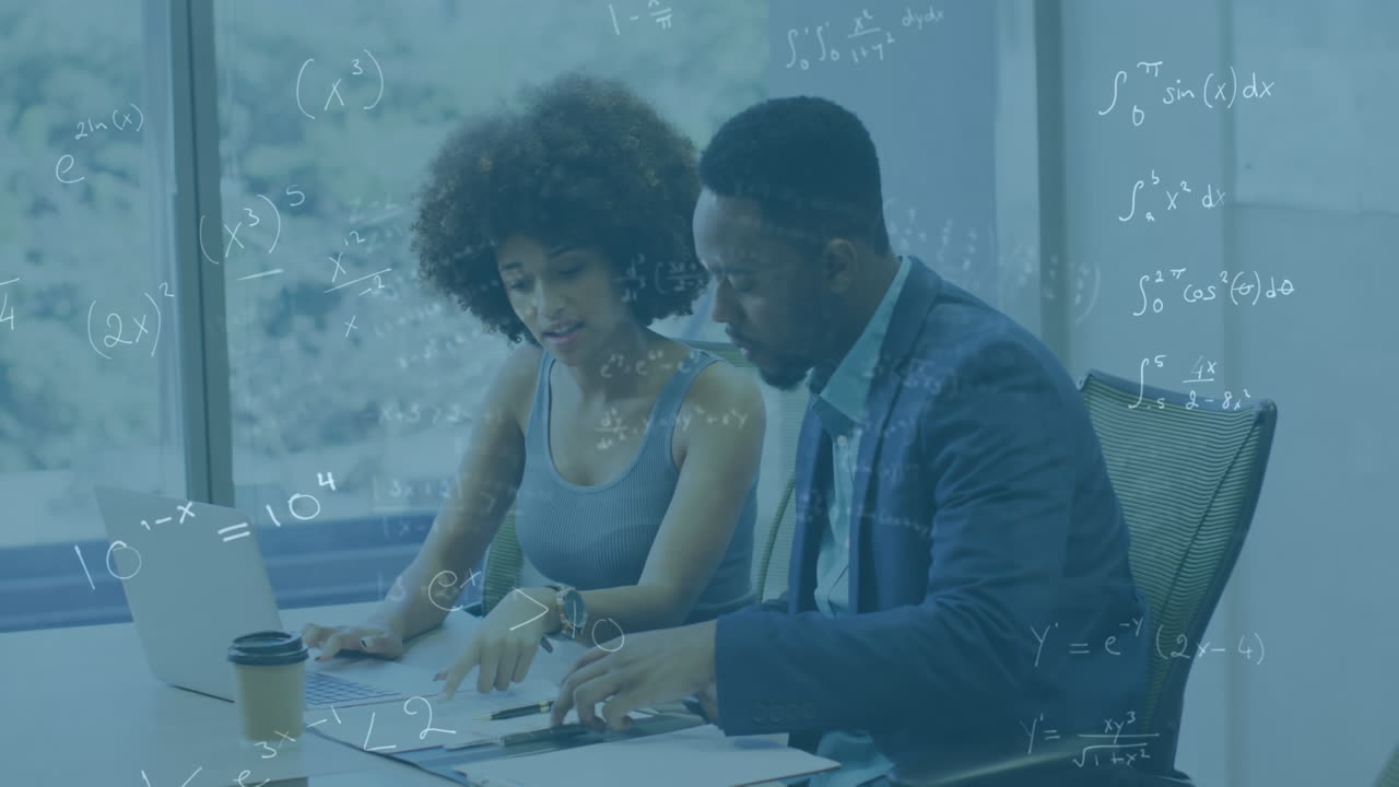 Animation of math formulas over diverse businesspeople with laptop in office
