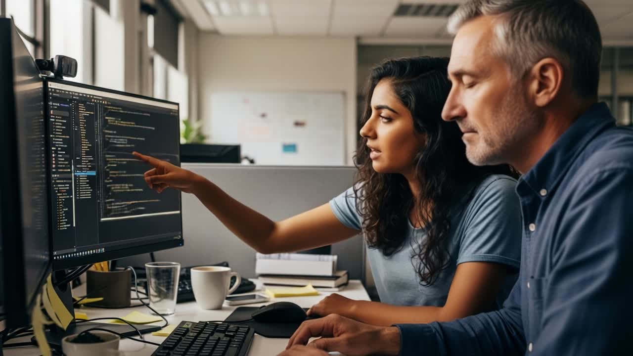 Collaboration in Programming: A Focused Discussion Between Two Professionals as They Analyze Code on a Computer Screen in a Modern Office Setting