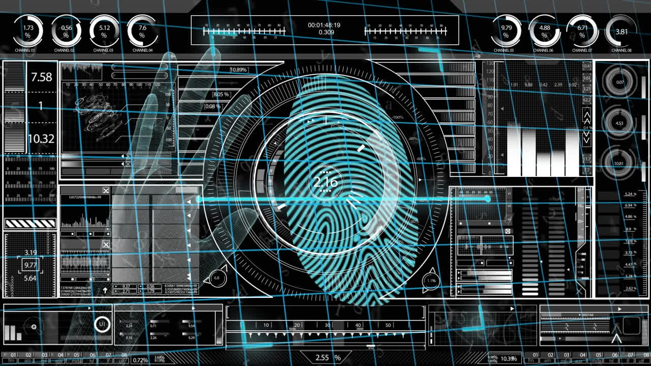 Animation of fingerprint over diverse data processing on digital screen