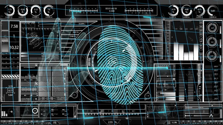 Animazione di impronta digitale su varie elaborazioni di dati su schermo digitale
