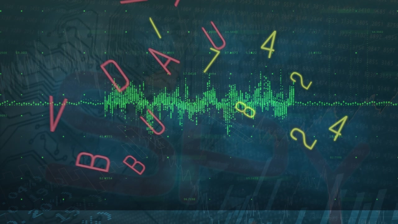 Animazione di numeri e alfabeti che cambiano durante l'elaborazione dei dati, su uno sfondo di connessioni di microprocessori.