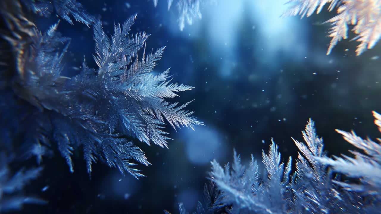 Mesmerizing close-up of frost-covered foliage, capturing the intricate details of icy patterns and shimmering textures against a blurred winter forest backdrop, evoking a sense of serene beauty and tranquility