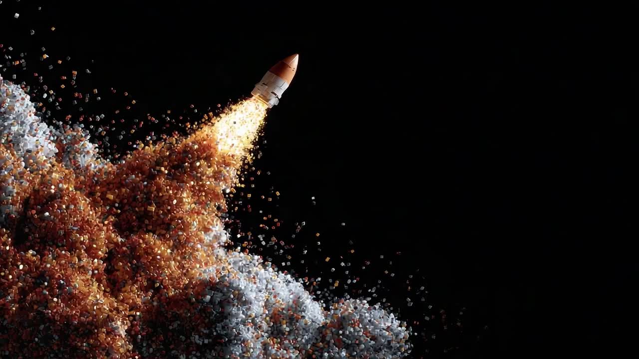 A Rocket's Ascent: Captivating Visuals of Ignition and Flight as the Rocket Blasts Through Colorful Clouds of Particles Against a Dark Background