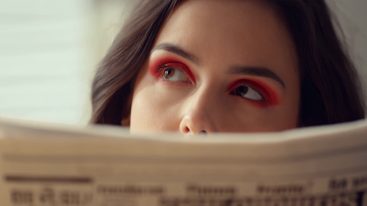 White Woman Peeking Over Newspaper, Freelance Journalist Examines Headlines With Bold Red Eye Makeup, Natural