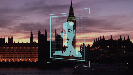 animation of financial data processing over biometric photo and london cityscape