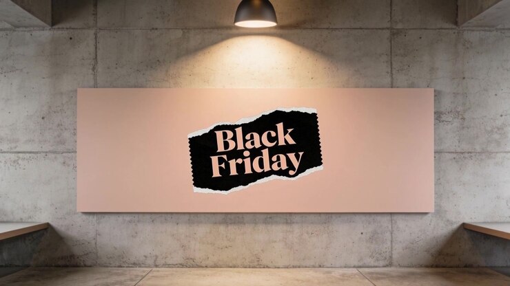 Telecamera che zooma verso un pannello espositivo rosa in una nicchia sotto una lampada a sospensione, mostrando l'adesivo del Black Friday