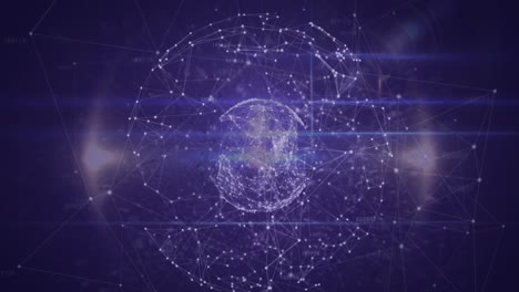 animation of spinning globe of network of connections and light trails against purple background