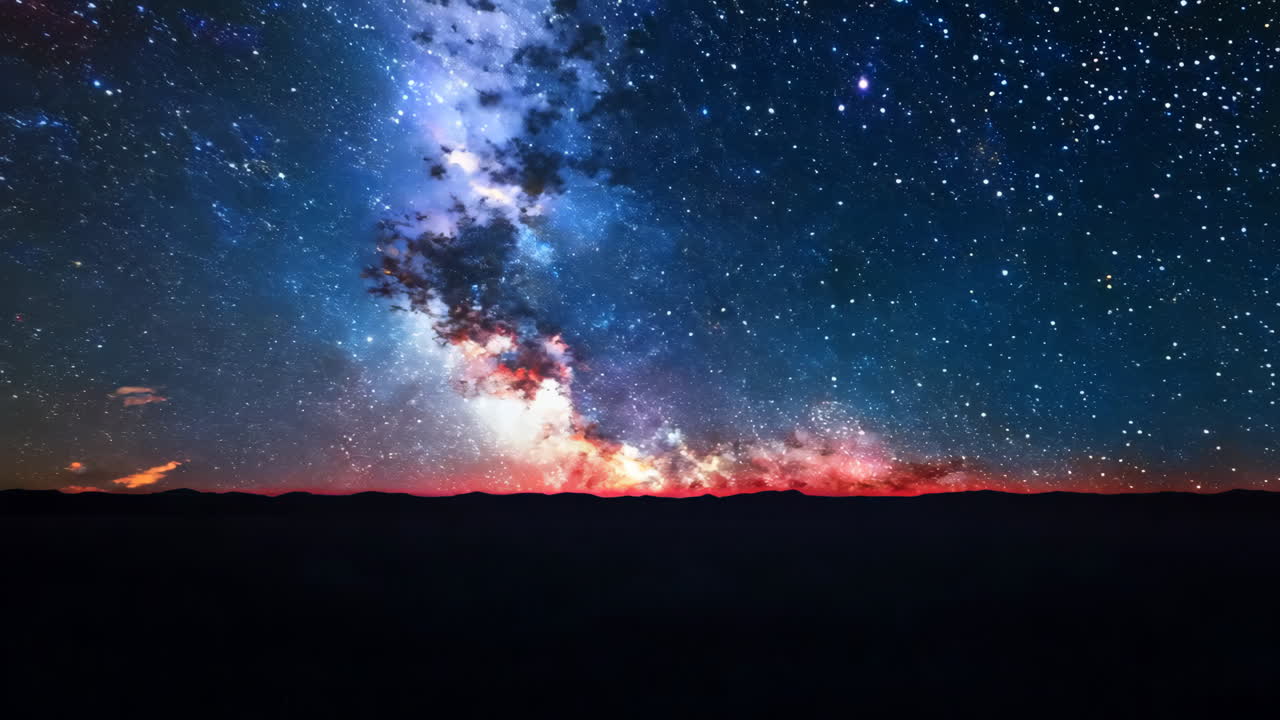 A beautiful night sky with a large orange and blue cloud. The sky is filled with stars and the clouds are glowing with a warm orange hue. The scene is peaceful and serene