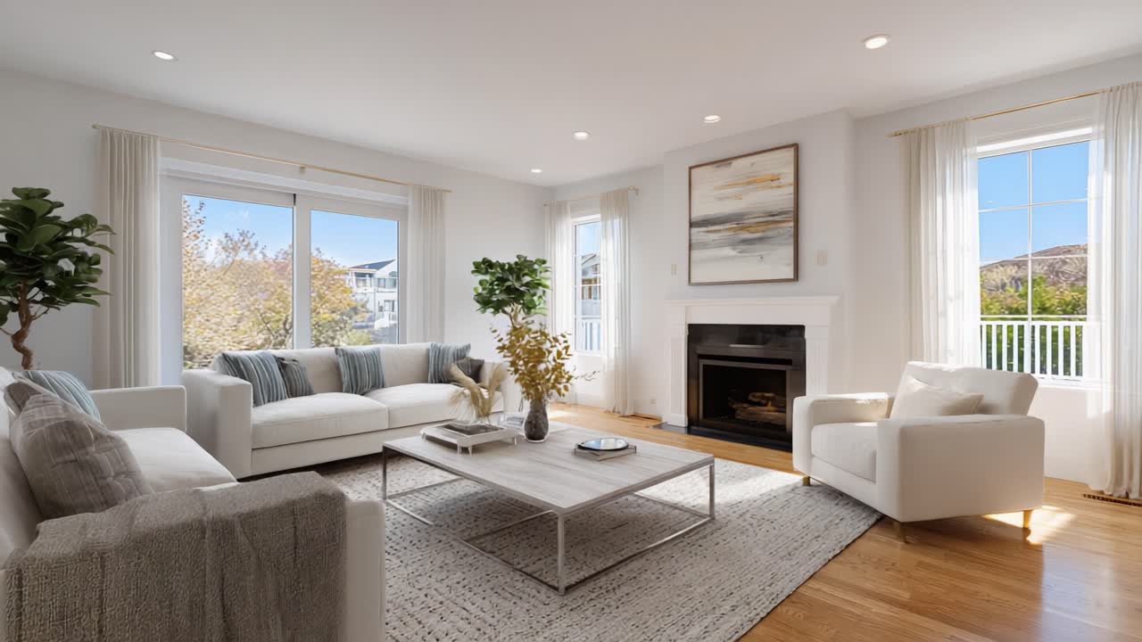 Bright and Inviting Living Room Design Showcasing a Cozy Atmosphere with Modern Furniture, Textured Decor, Large Windows Allowing Natural Light, and Stylish Touches, Perfect for Relaxation and Entertainment