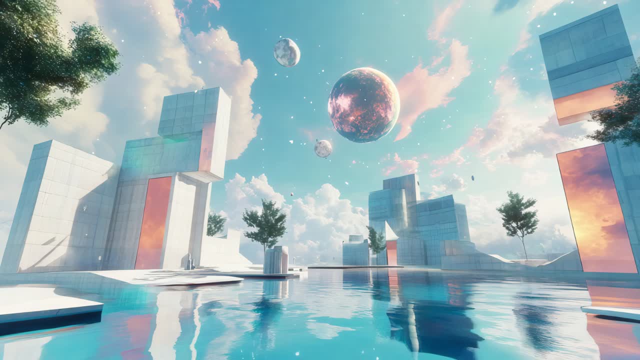 Futuristic Cityscape with Floating Planets