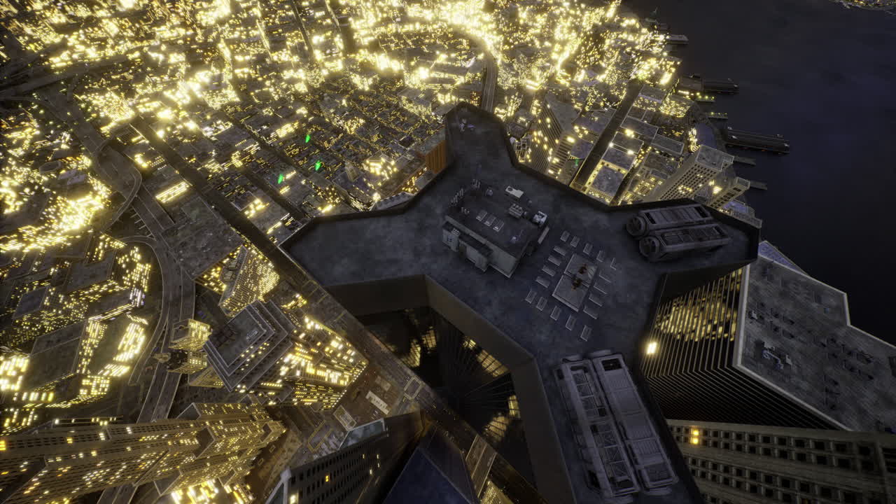 City skyline illuminated at night with star shaped rooftop structure