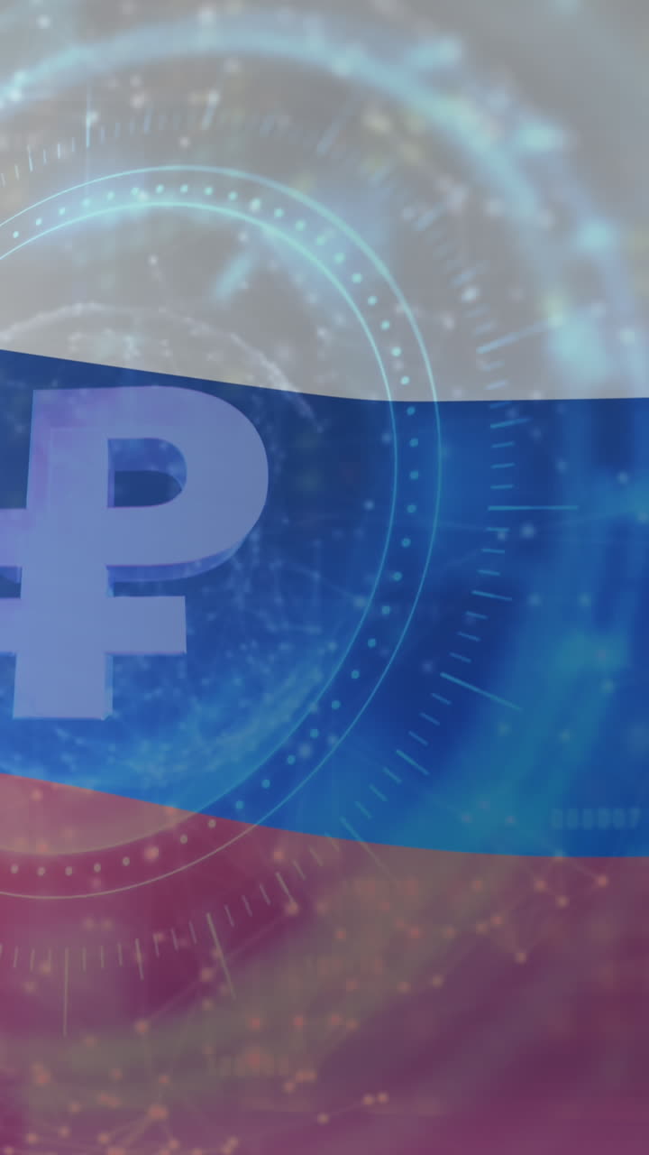 animación del escaneo del alcance y el símbolo del rublo sobre la bandera de rusia