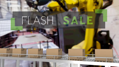 animation of flash sale text over cardboard boxes on conveyor belt in warehouse