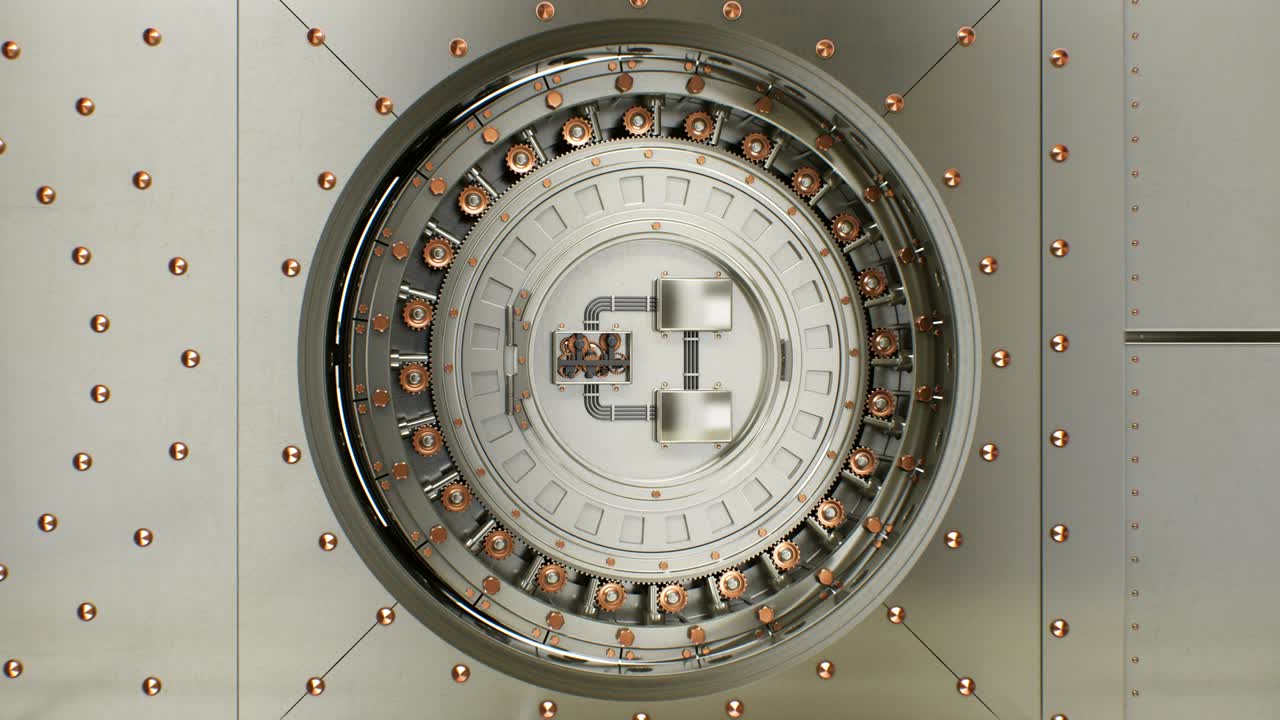 красивая круглая стальная дверь с сводом открывается медленно, а камера летит снаружи. 3d-анимация безопасной двери с альфа-маской. система безопасности бизнес- и технологической концепции.