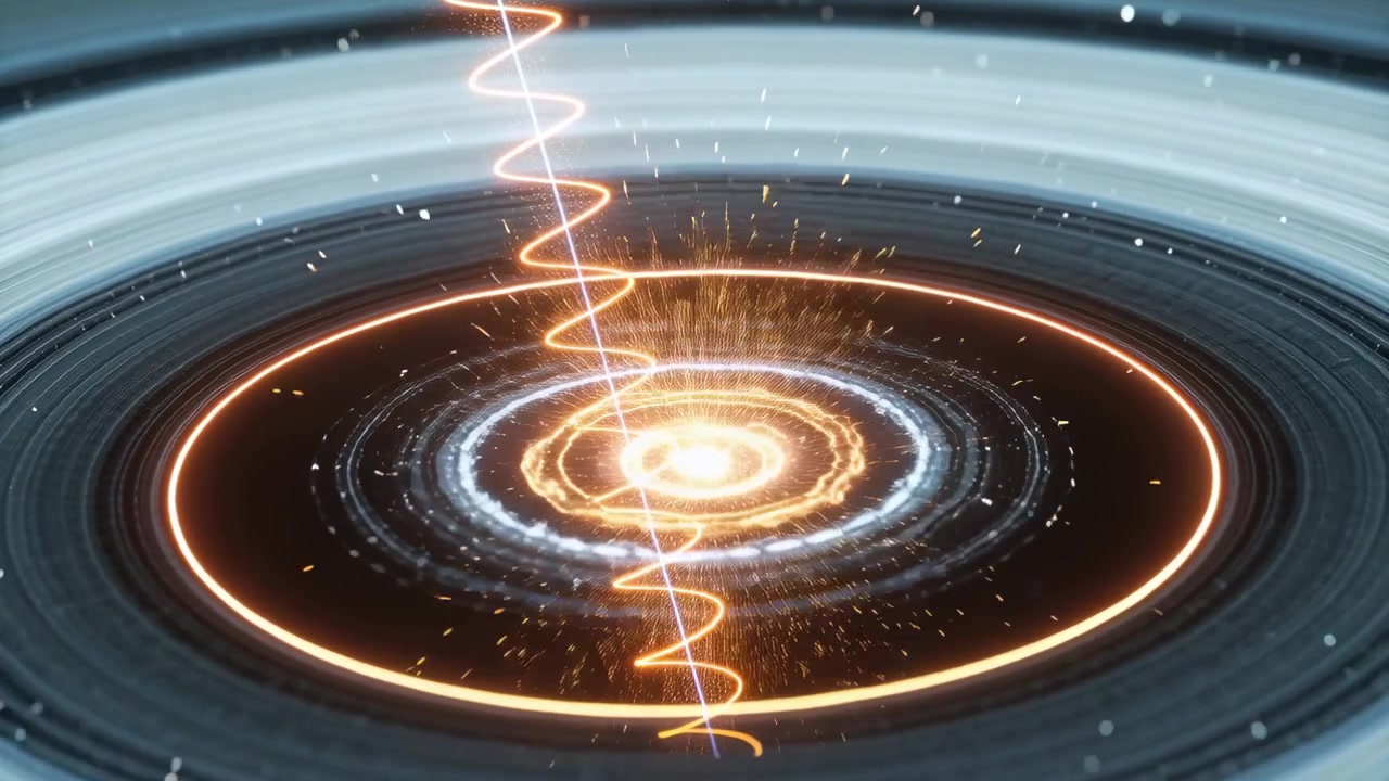 Raggio arancione a spirale che attraversa una cavità centrale bordata da una fascia arancione, formando un nucleo blu e anelli