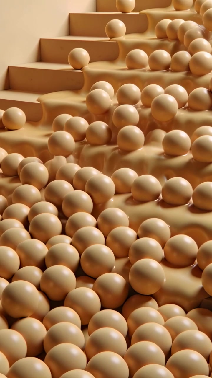Video verticale: Rilascio di gradini superiori che fa scendere perle beige a cascata lungo una rampa, formando uno strato viscoso.