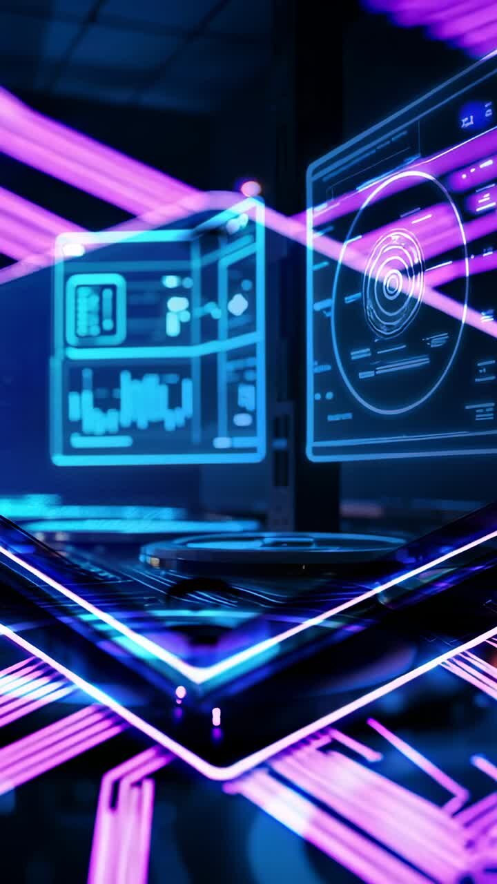 Vertical video: Station activating on boot in control chamber showing neon holograms and platform