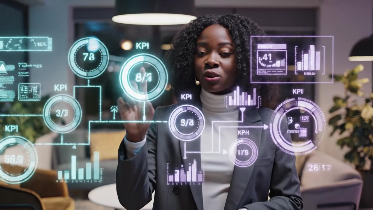 A professional woman in a modern office space utilizes data visualizations and charts to communicate key performance indicators and insights effectively.