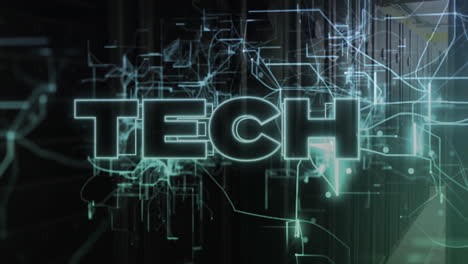 Animation of glowing TECH text with digital circuit lines on dark background