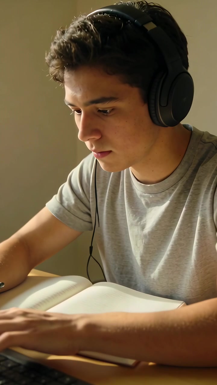 Dikey video: Kitap açan, masasında odaklanan ve kablolu kulaklık takan bir öğrenci sınava hazırlanıyor.
