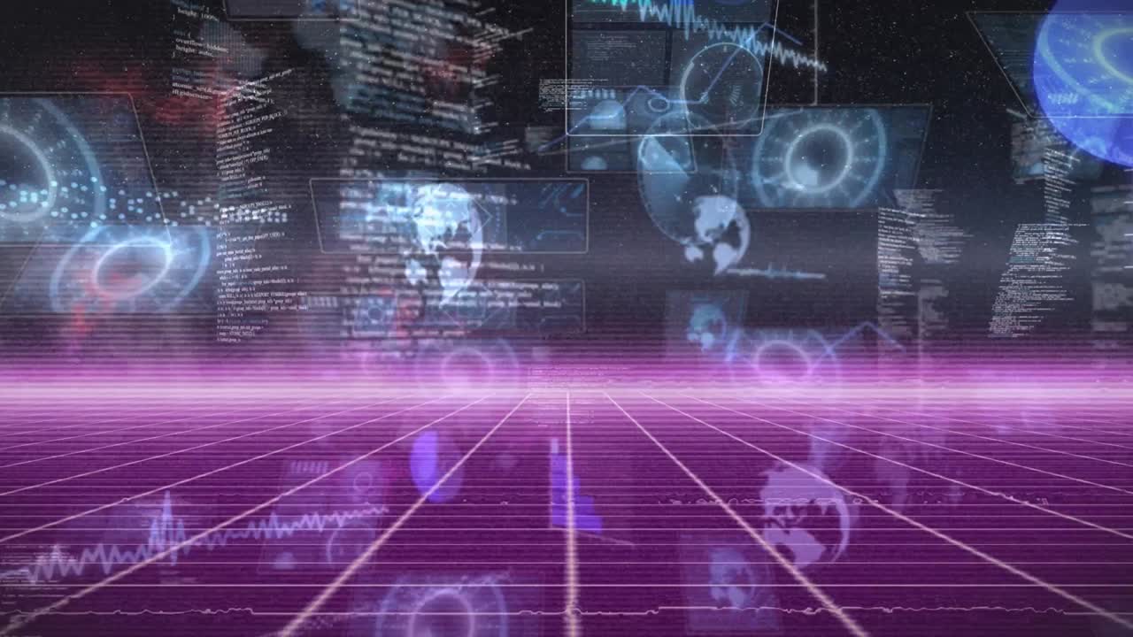 Animation of diverse data on screens moving in black and purple space