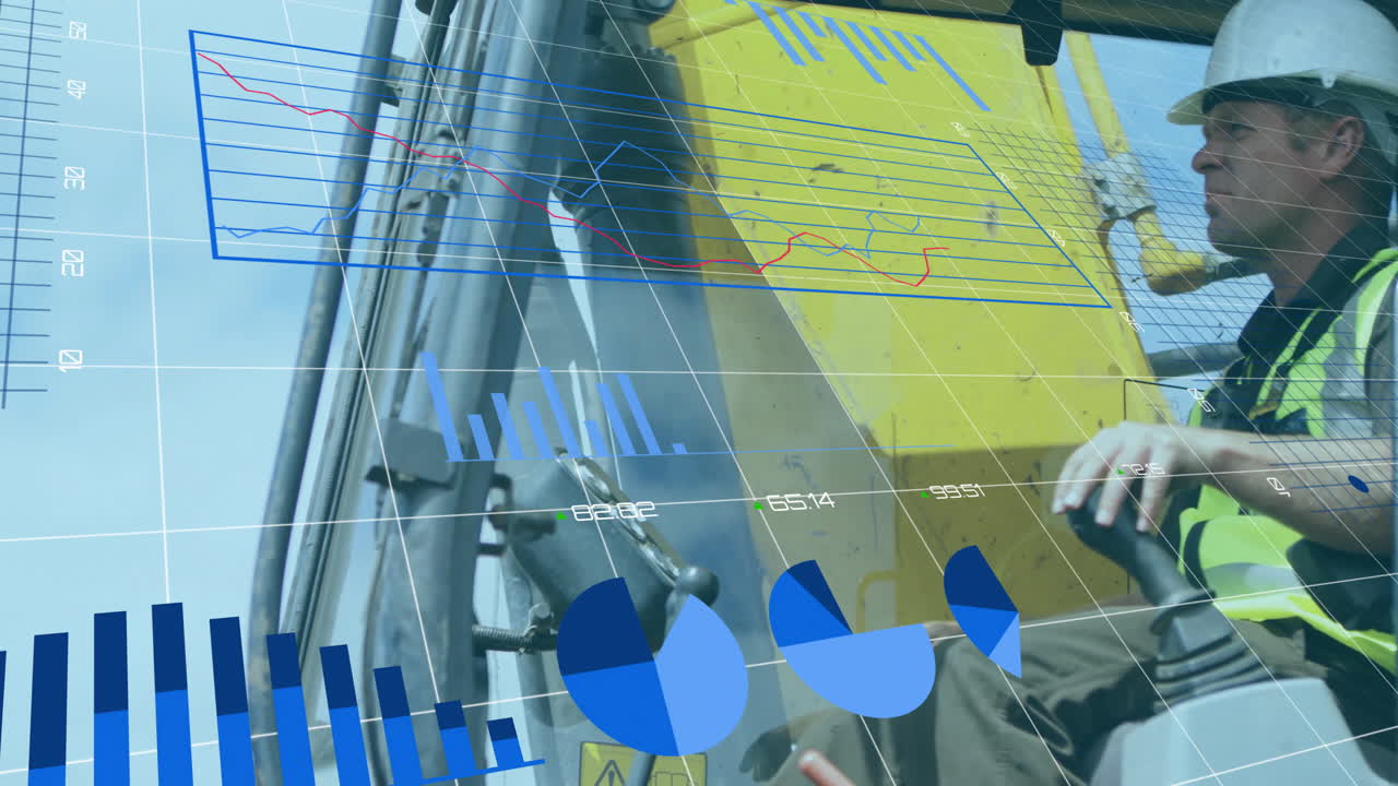 Financial data charts and graphs animation over construction worker operating machinery