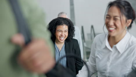 happy, business people and talking on escalator
