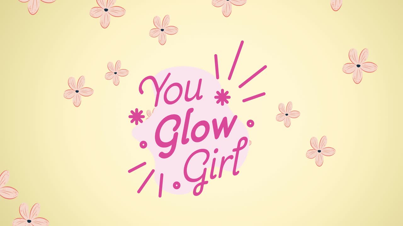 날아다니는 꽃 위에서 빛나는 소녀 텍스트의 애니메이션