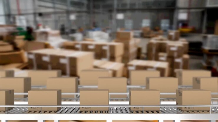 Animation of cardboard boxes moving on conveyor belts over warehouse