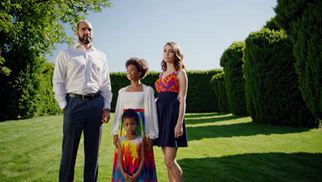 multiracial family portrait in garden