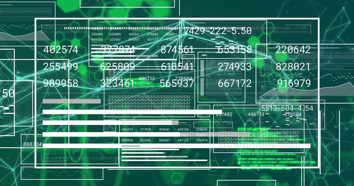 Digital animation of interface with changing numbers and graphs over computer language